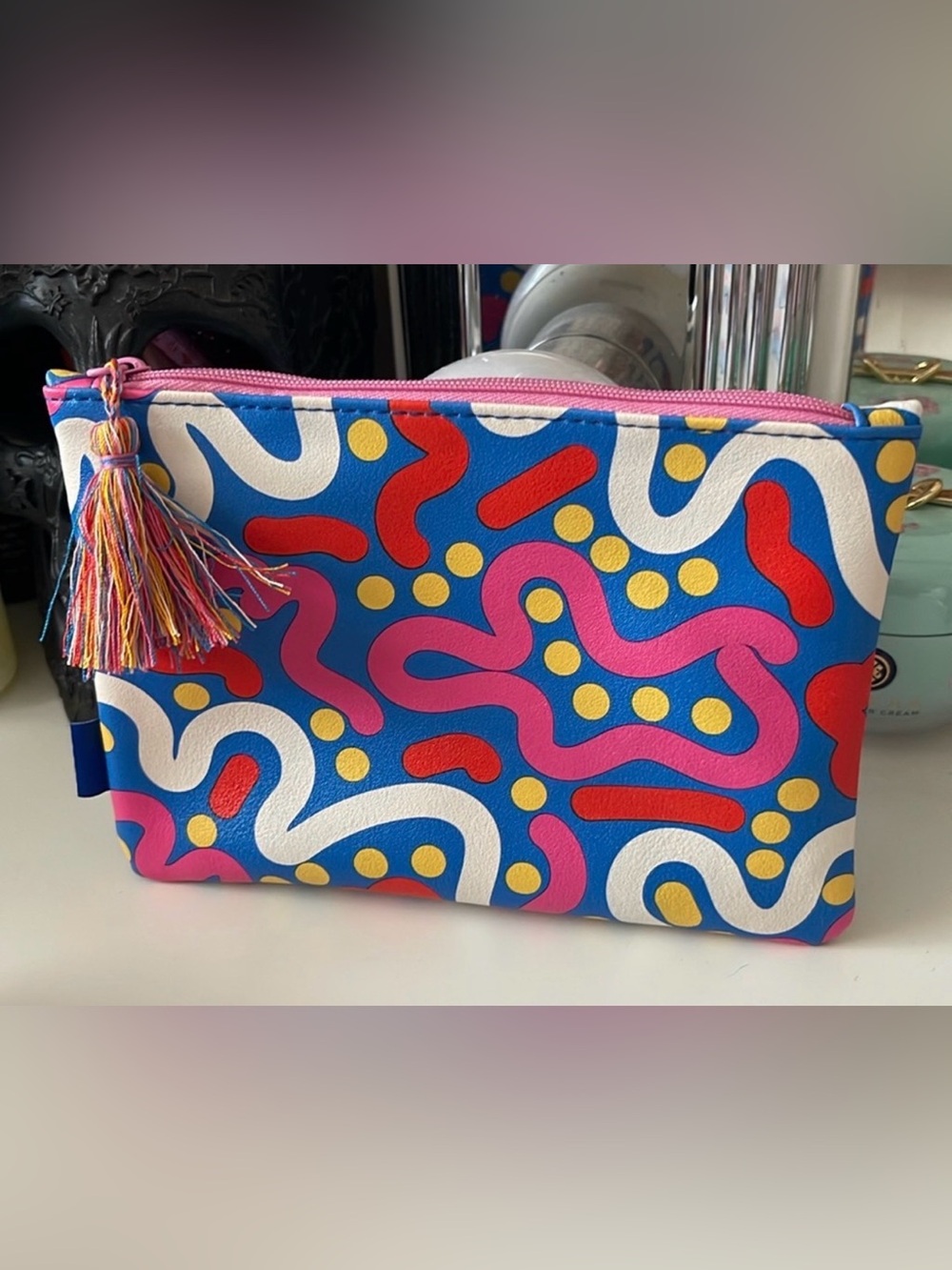 3/$15 Ipsy Bag Blue Pink White Red Yellow Design with Tassel September 2023
